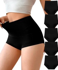 Annenmy Cotton High Waisted Underwear for Postpartum Boy Shorts Women Tummy Control Brief Cotton Panties 5 Pack